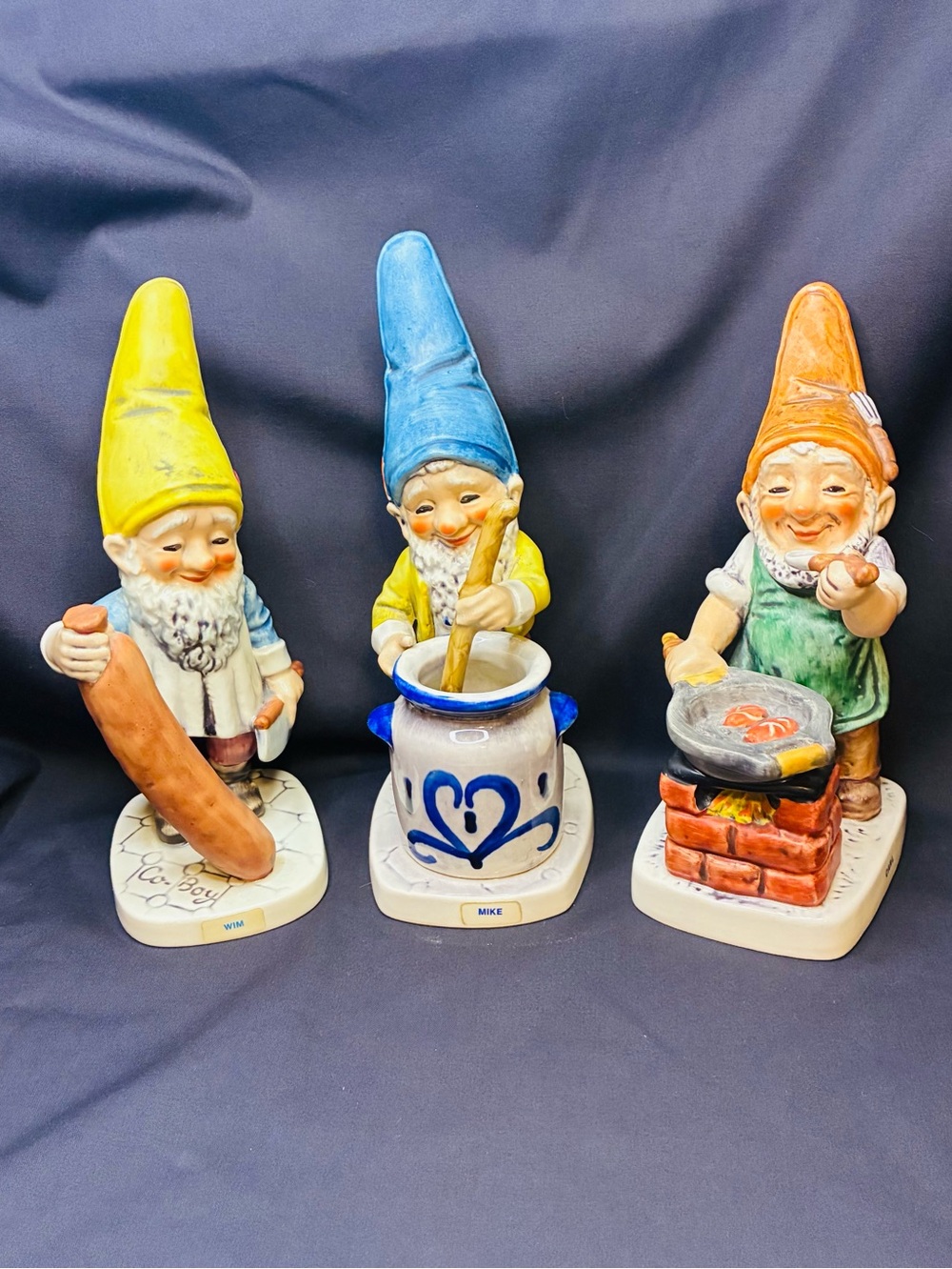 3 Vintage Goebel Co Boy Gnomes- Carl the Cook, Mike the Jam Maker, Wim Butcher